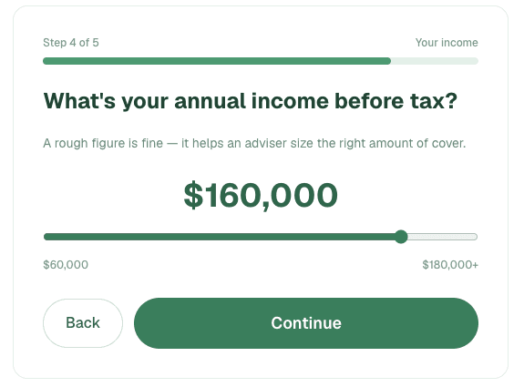 Quiz step asking: What's your annual income before tax?